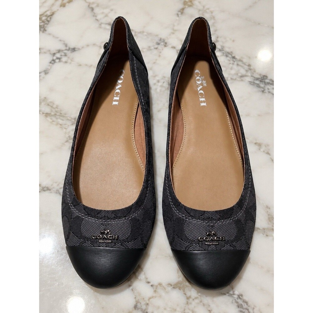 Coach Chelsea Signature Canvas Ballet Flats Size 8.5 Women's Black Leather Toe